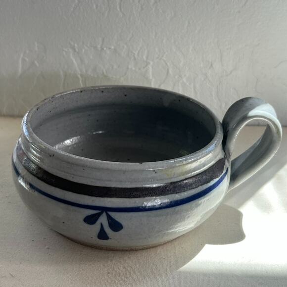 Studio Art Pottery Handmade Soup Bowl Handled Blue Striped Signed 5" X 3" - Picture 3 of 16